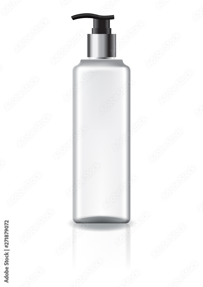 White square cosmetic bottle with pump head and silver ring for beauty or healthy product. Isolated on white background with reflection shadow. Ready to use for package design. Vector illustration. White square cosmetic bottle with pump head and silver ring for beauty or healthy product. Isolated on white background with reflection shadow. Ready to use for package design. Vector illustration.