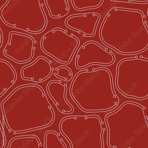 chaotic ordered abstract seamless pattern. white organic cells with thin lines on red