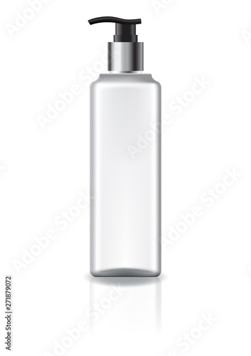 White square cosmetic bottle with pump head and silver ring for beauty or healthy product. Isolated on white background with reflection shadow. Ready to use for package design. Vector illustration.