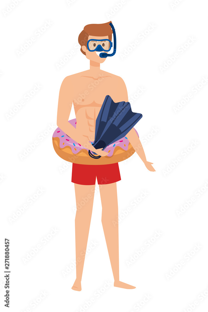 Fototapeta premium young man with donut float and diving equipment