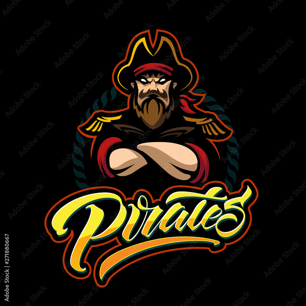 Cartoon style pirate emblem pirates for baseball team. Handmade lettering logotype. Pirates modern typography isolated black background for t-shirt, banner, card, postcard, sale