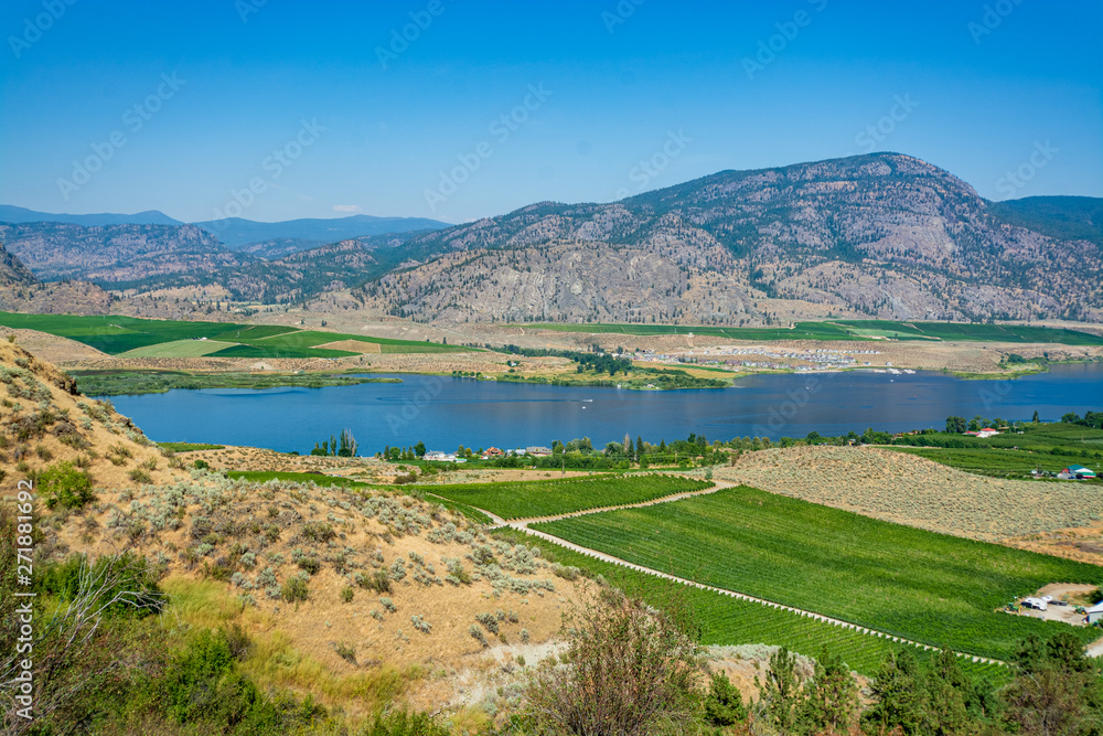Okanagan valley panoramic view with orchard farm fields. Residential houses in Okanagan valley built on Osoyoos lake shore with mountains on the background