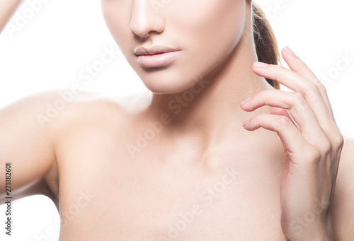 Lips, hand, shoulder, part of body of beauty model girl, perfect skin. Skincare health concept
