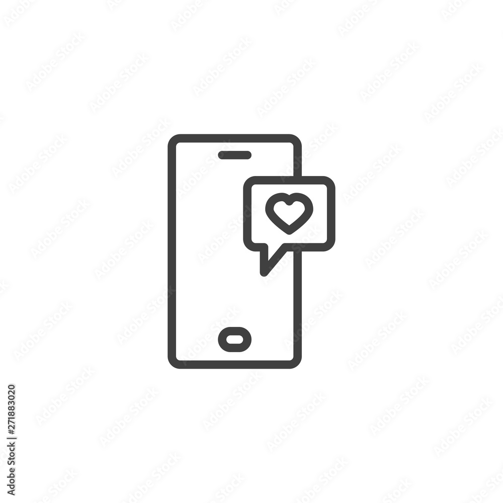 Mobile love chat message line icon. linear style sign for mobile concept and web design. Mobile phone with heart speech bubble outline vector icon. Symbol, logo illustration. Vector graphics Mobile love chat message line icon. linear style sign for mobile concept and web design. Mobile phone with heart speech bubble outline vector icon. Symbol, logo illustration. Vector graphics