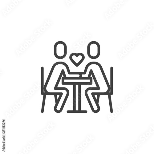 Romantic dinner line icon. linear style sign for mobile concept and web design. Couple in love sitting at table outline vector icon. Romance rendezvous symbol, logo illustration. Vector graphics
