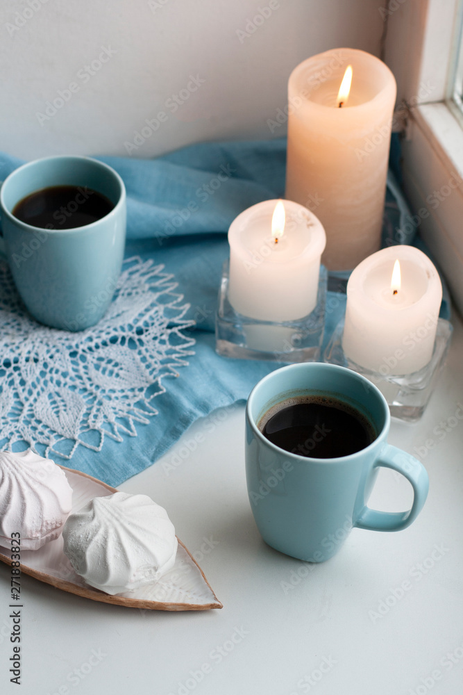 A break for two: cups of coffee and a plate of zefirs. A break for two: cups of coffee and a plate of zefirs.