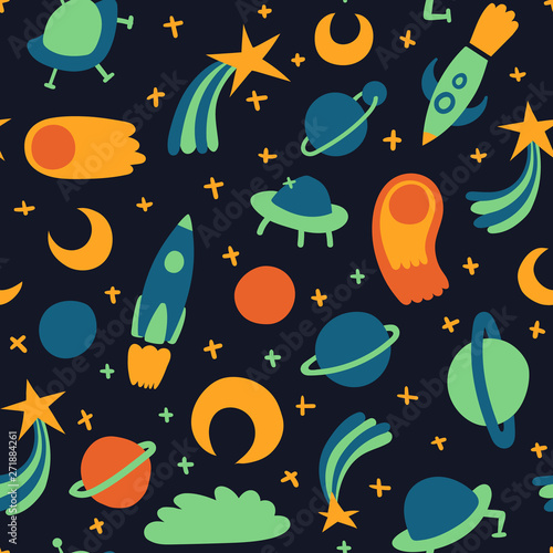 Space seamless pattern with spaceships  planets  comets  shooting stars and sparkles. Vector abstract childish repeatable background.