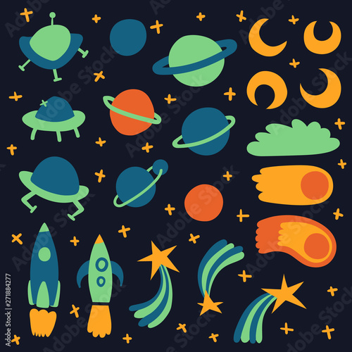 Cosmic sticker set isolated on dark background. Cosmos decorations template. Vector illustration.