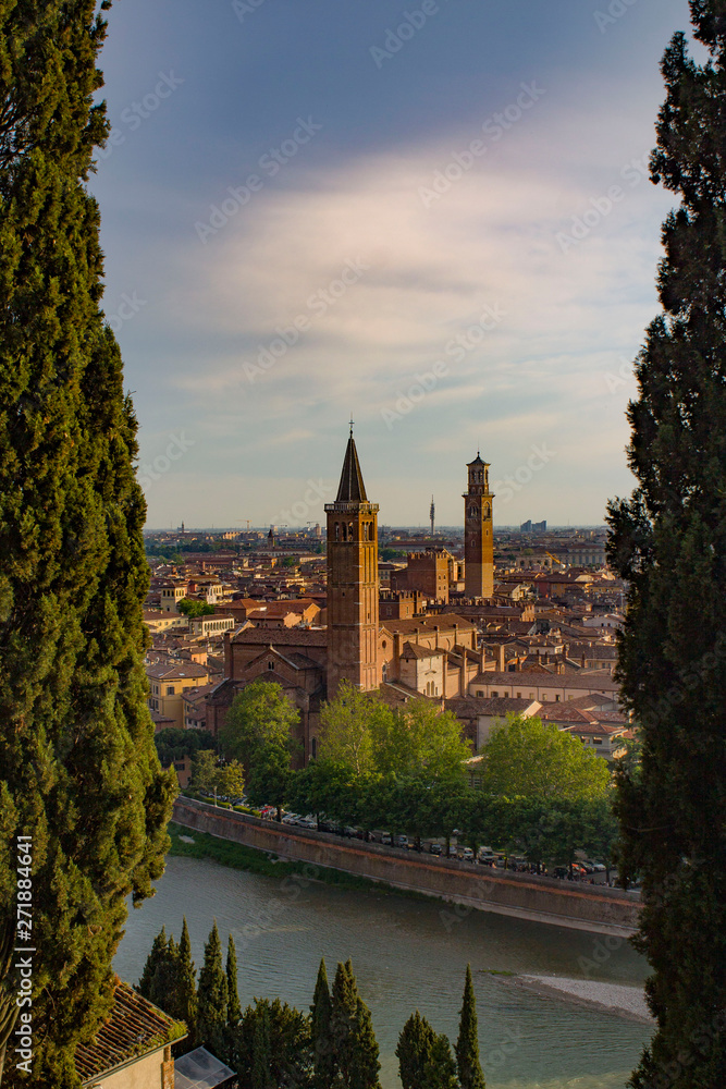Verona Skyline with Adige River, Basilica of Santa Anastasia and Lamberti Tower, Italy. View from above.