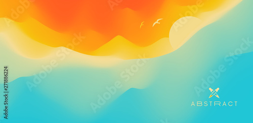 Seascape with sun. Sunset.  Can be used as a greeting card. Vector illustration.