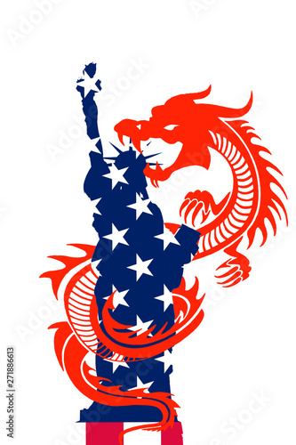 Canvas Print Flags of USA on the Statue of Liberty and the dragon symbolizes China/usa china trade war concept