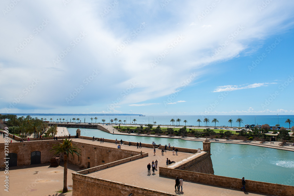 Panoramic view from La Seu, the gothic medieval cathedral of Palma de Mallorca, Spain. Beautiful landscape with ancient walls, sky and Mediterranean sea