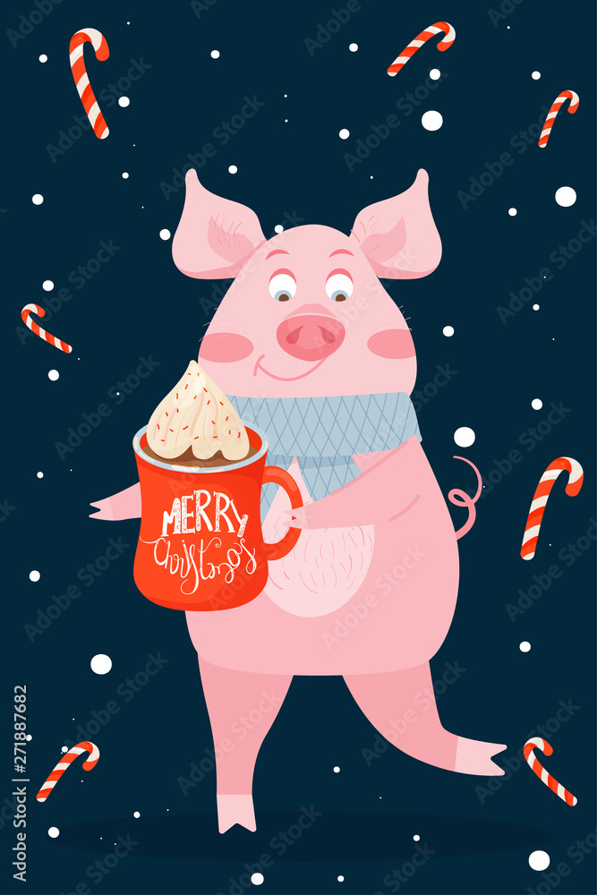 New Year greeting card with funny pig. Cute pig with Christmas cacao. Symbol of 2019 on the Chinese calendar. Vector illustration.