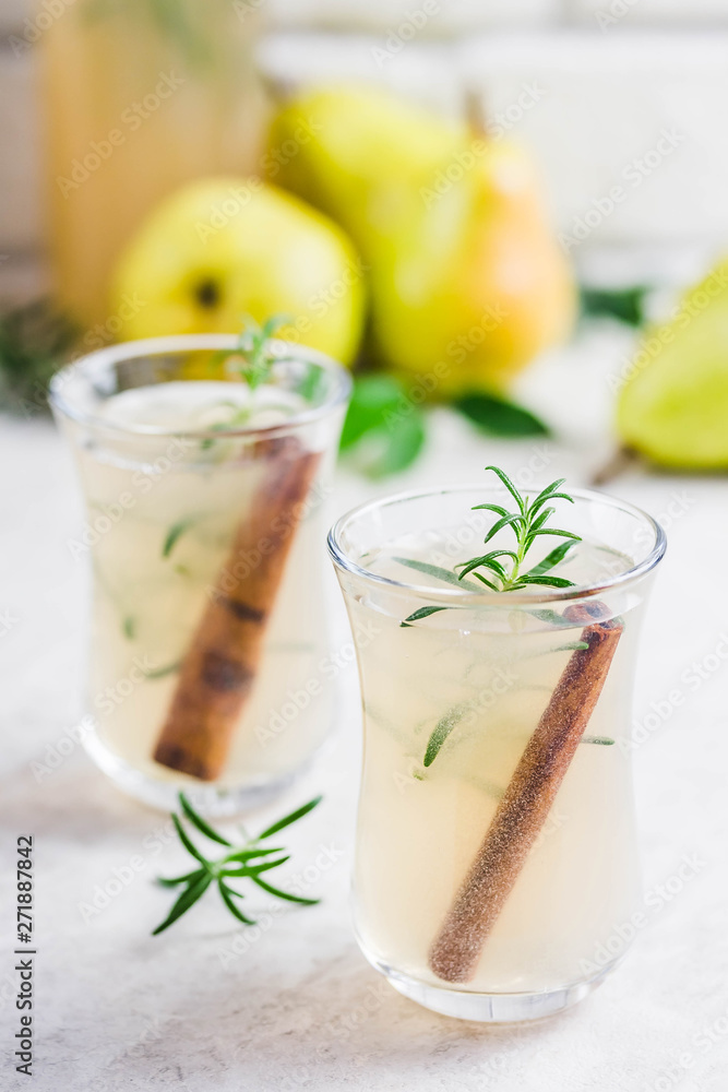 Fototapeta premium Spiced fermented cinnamon ginger kombucha. Selective focus, space for text.