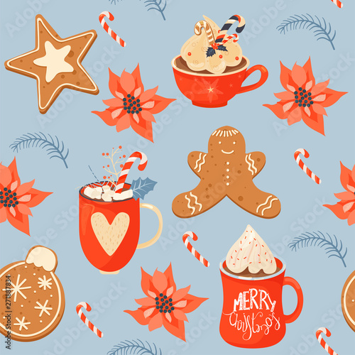 Seamless Christmas pattern with cacao drink, ginger cookie, poinsettia and lollipop. Vector illustration for textile, postcard, wrapping paper, poster, background, book, t-shirt.