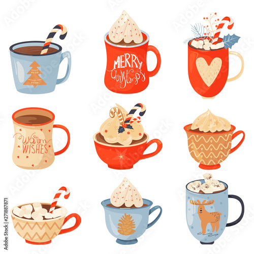 Christmas and Happy New Year set. Mugs of cacao with whipped cream, marshmallow and candy cane. Greeting card for Xmas, New year or winter holidays. Vector design template.