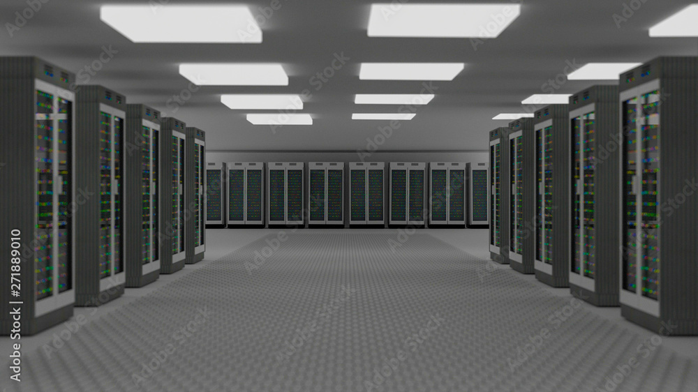 Fototapeta premium Server room data center. Backup, hosting, mainframe, farm and computer rack with storage information. 