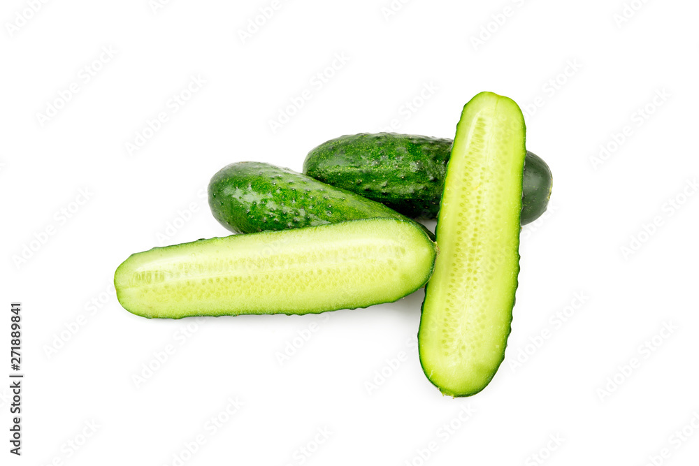 Ripe green cucumbers isolated on white background. Ripe green cucumbers isolated on white background.