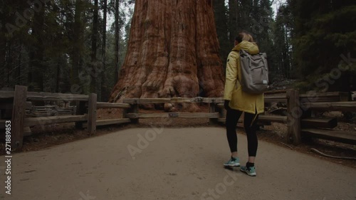 Caucasian female walking towards General Sherman - one of the biggest giant sequoias in the world, Sequoia National Park, USA. 4K UHD