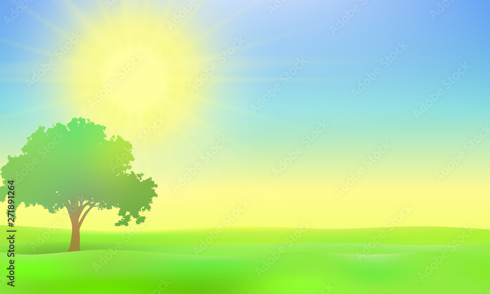 一本の木のある大地の風景 暖かな穏やかな色彩に包まれた夏の朝 一本の木のある大地の風景 暖かな穏やかな色彩に包まれた夏の朝