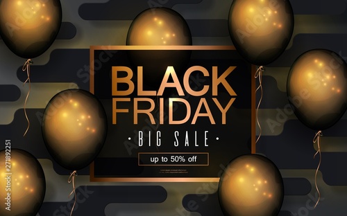 Black Friday sale banner, abstract background, golden balloon, vector