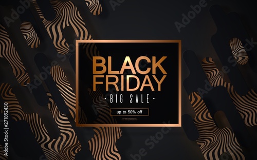 Black Friday sale vector banner, abstract golden background, Ads sign