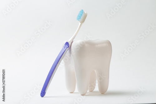 White tooth and colorful toothbrush on white background  dental care concept