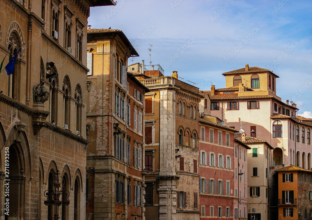 The main street of Perugia city with colorful facades, Perugia, Umbria, Italy