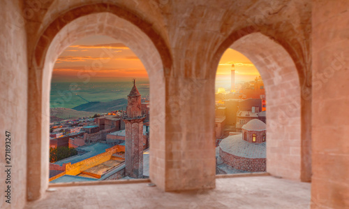 Mardin old town with bright blue sky view from Windows of Kasimiye Madrasah - Mardin, Turkey