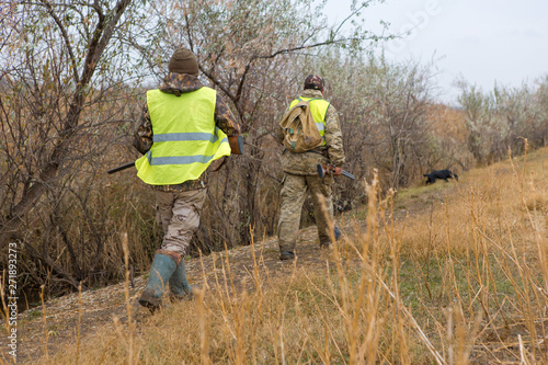 Hunters with a german drathaar and spaniel, pigeon hunting with dogs in reflective vests 