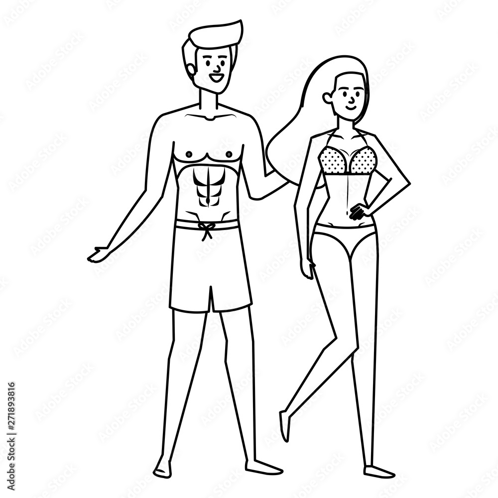 young couple with swimsuit avatars characters