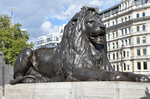 One of the four lion sculptures designed by the artist Sir Edwin Landseer emplaced at the foot of Nelson's Column in 1867 in Trafalgar Square, London, UK photo