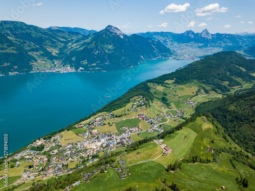 Fototapeta Naklejka Na Ścianę i Meble -  Panoramic aerial view of the lake Lucerne (Vierwaldstatersee), Rigi mountain and Swiss Alps in the background near famous Lucerne (Luzern) city, Switzerland - Immagine