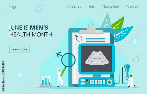 Medical concept vector of national men's health month in June. Health program in clinic, ultrasound of the prostate. It is landing page, poster, card, banner, flyer.