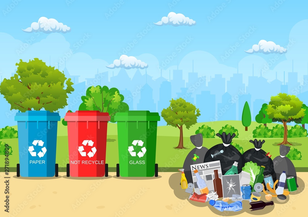 Garbage dump with rubbish bin for recycling in park. Different types of waste. Trash laying on the street. Vector illustration in flat style