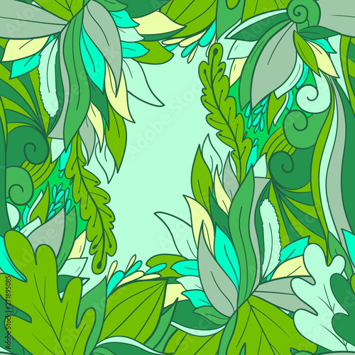 Seamless pattern background with abstract leaves and flowers. Hand drawn illustration