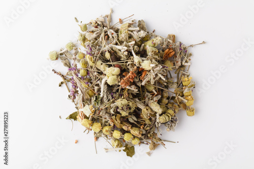 fragrant herbal tea on a white background
