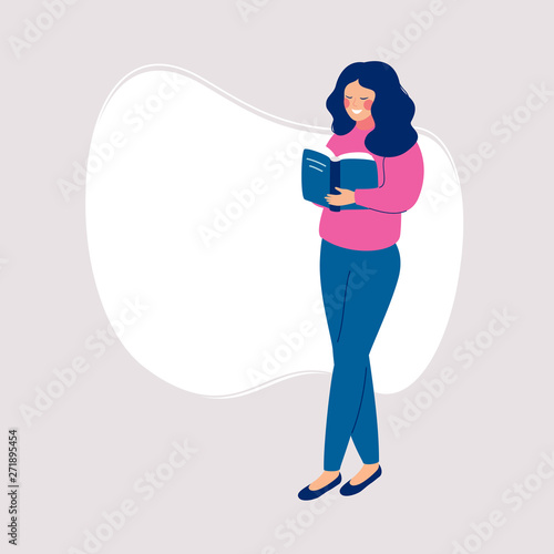 Smiling girl standing and holds an open book. A young woman is reading a book with a white copy of the space behind her. Vector illustration