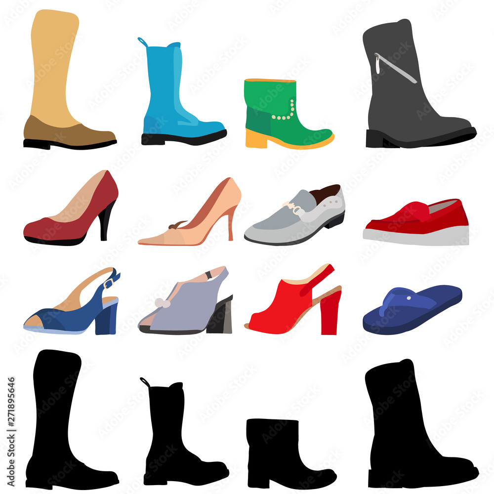 vector, isolated, set, collection, women shoes, boots, shoes