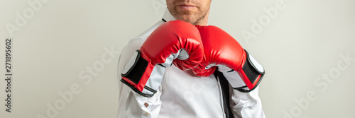 Slika na platnu Businessman wearing red boxing gloves in a defensive position