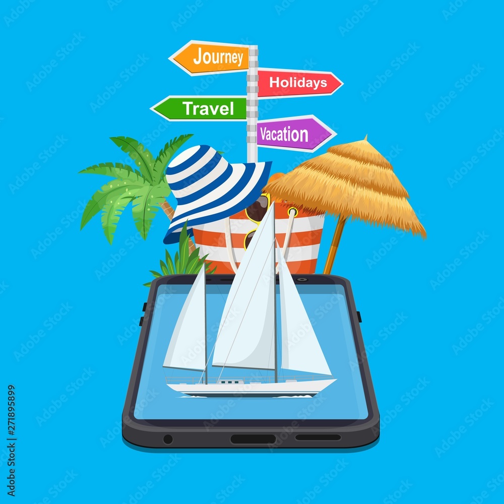 Online Holiday Travel Mobile App Concept. Suitable For Wallpaper, Banner,  Background, signpost vacation, travel, journey, holidays. Vector  illustration in flat style Stock Vector | Adobe Stock