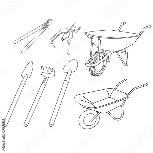 vector, isolated, set of garden tools, a collection of sketches