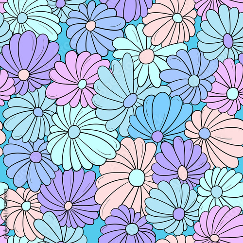 Seamless pattern background with different abstract flowers. Chamomile  aster