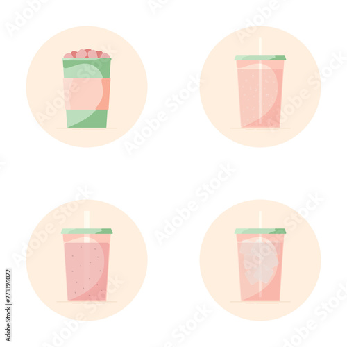 Vector set of beverage icons. Soft drinks for take away. Hot - cocoa, chocolate. Cold - lemonade, soda pop, smoothie, ice tea. Watermelon colors.