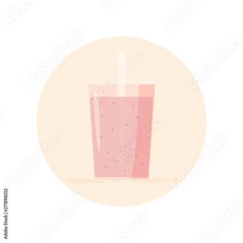 Vector icon of smoothie, milk shake, fresh in a glass with straw. No stroke flat icon, isolated in circle. Pink colors.