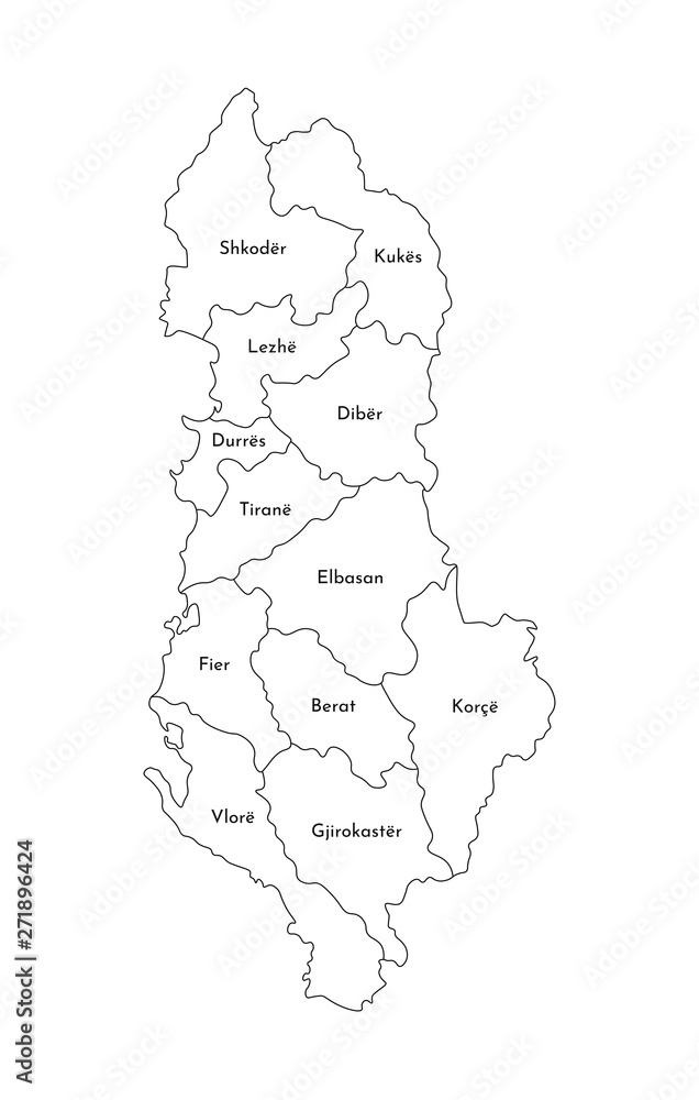 Obraz Vector isolated illustration of simplified administrative map of Albania. Borders and names of the regions. Black line silhouettes