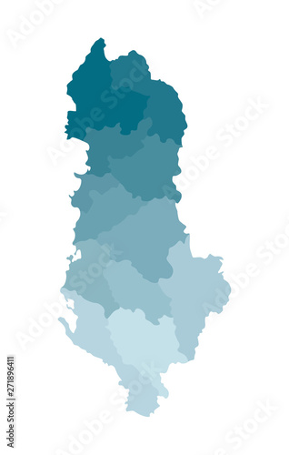Vector isolated illustration of simplified administrative map of Albania. Borders of the regions. Colorful blue khaki silhouettes