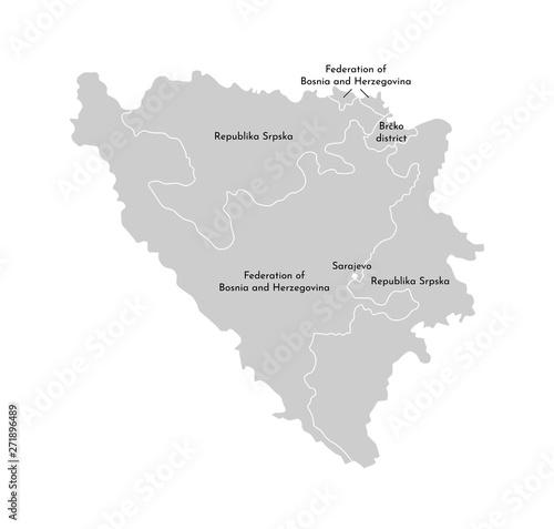 Vector isolated illustration of simplified administrative map of Bosnia and Herzegovina. Borders and names of the provinces  regions . Grey silhouettes. White outline