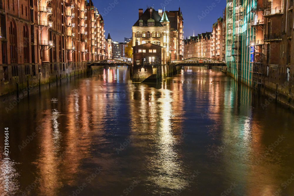 Warehouse District or Speicherstadt at night. Hamburg, Germany