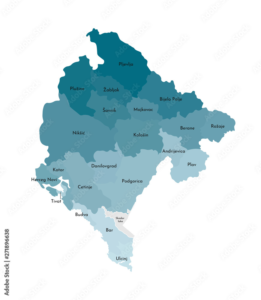 Vector isolated illustration of simplified administrative map of Montenegro. Borders and names of the regions. Colorful blue khaki silhouettes